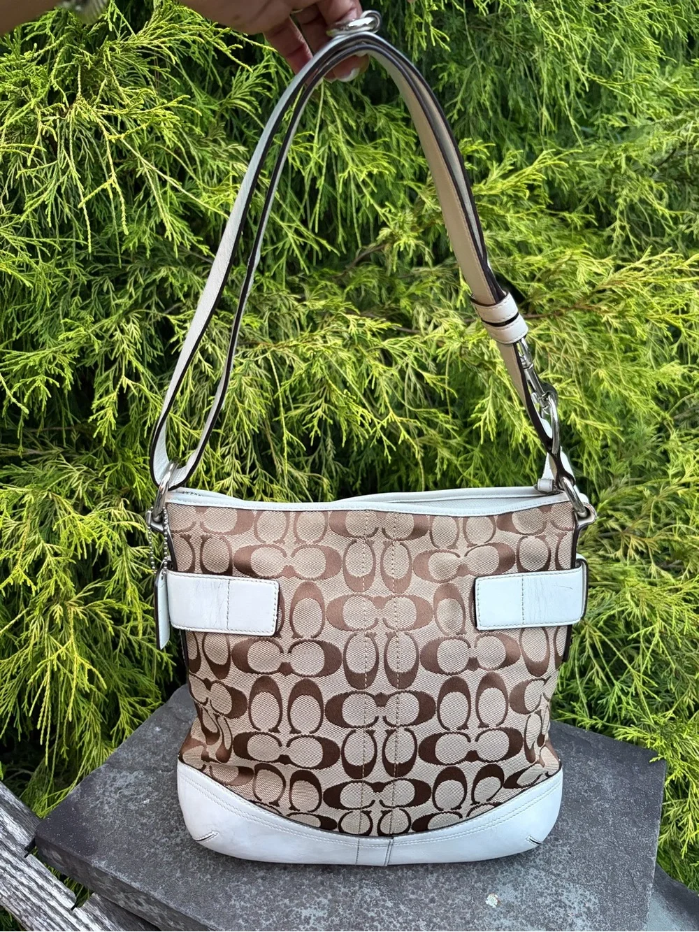 Coach Signature Buckle Shoulder Bag White Leather Trim & Canvas Hobo Y2K
